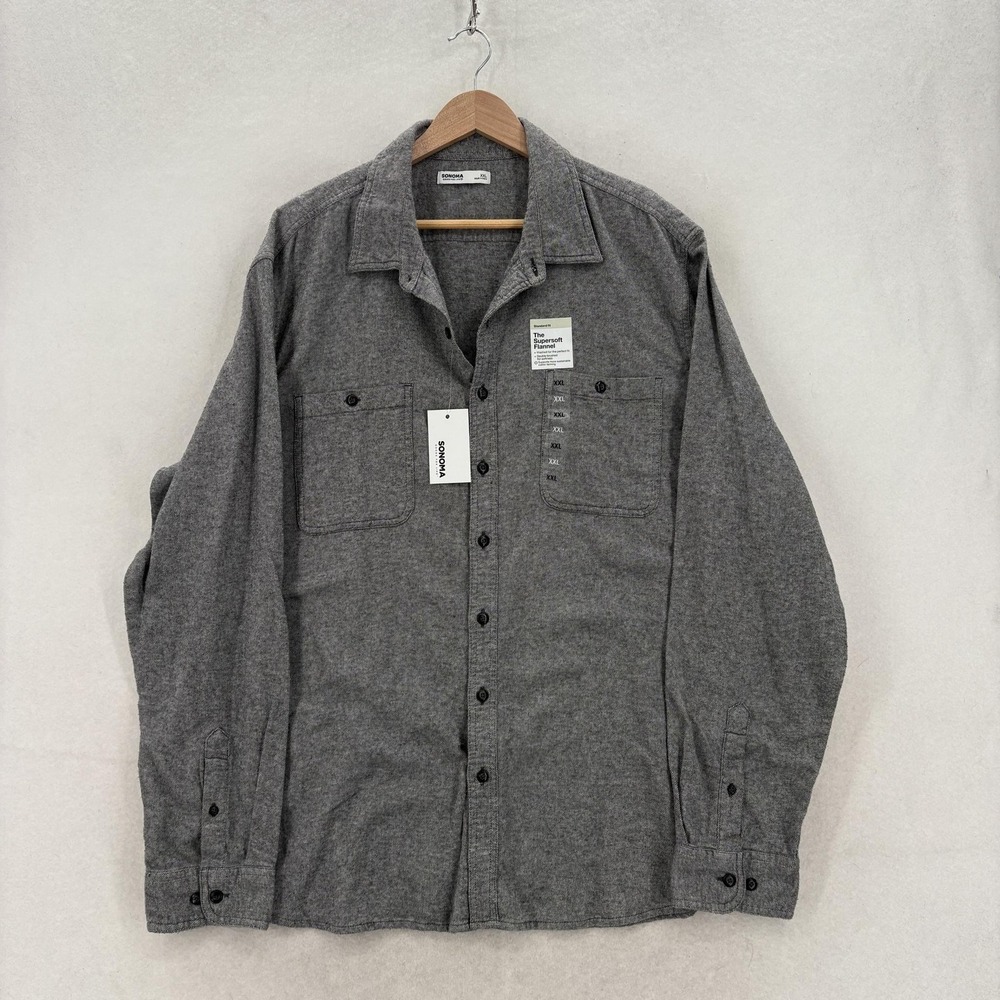Sonoma Shirt Mens 2XL Gray Supersoft Flannel Long Sleeve Button Up Casual NWT